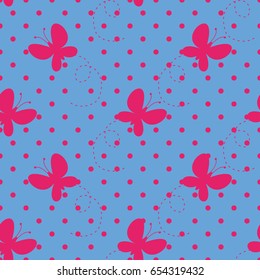 Cute beautiful pattern with butterflies and polka dot. Seamless background. Vector illustration for printing on fabric, textiles, Wallpaper, scrap-booking.