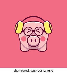 Cute beautiful pig wearing headphone illustration