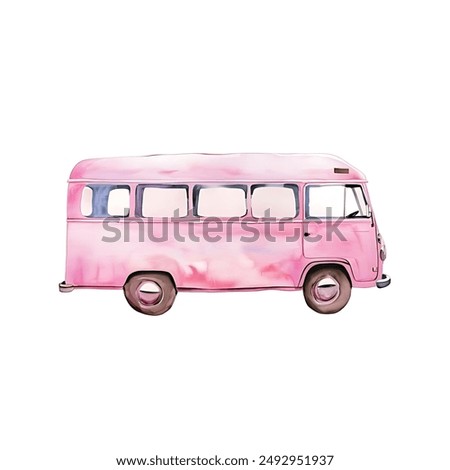 Cute beautiful pink bus painted in watercolor