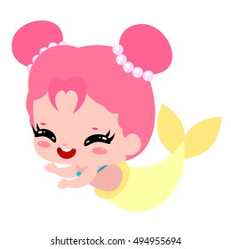 Cute beautiful pink mermaid. Funny girl with fish tail. Magic fairytale children's character.