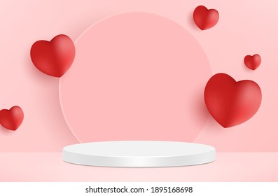 Cute beautiful pink realistic heart shaped podium for valentine's day product display presentation with decorative falling paper hearts vector template