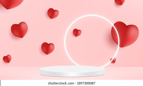 Cute beautiful pink realistic heart shaped podium for valentine's day product display presentation with decorative falling paper hearts vector template