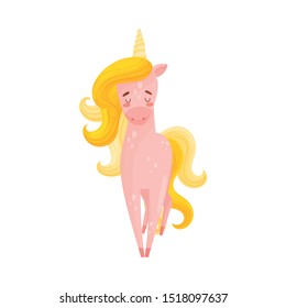 Cute Beautiful Pink Unicorn With Closed Eyes In Front Projection Vector Illustration