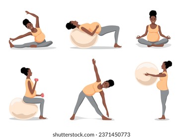 Cute beautiful pregnant woman is doing exercises with a fitball, stretching and relaxation. Sports during pregnancy. Set of vector illustrations.