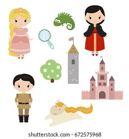 Cute beautiful princess. Princess Rapunzel. Princess theme with castle, prince, carriage.