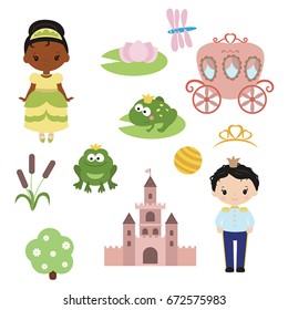 Cute beautiful princess. Princess theme with castle, frog prince, carriage