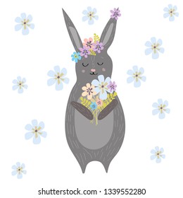 Cute and beautiful rabbit with a floral wreath and a bouquet. Cartoon rabbit print. Children's print for clothing, posters, cards. Vector illustration