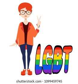 Cute, beautiful, red, ginger, carrot, redhead short hair girl show peace, in blue jeans and orange shoes. inscription LGBT, Lesbian. Women's rights Modern  
vector flat design image isolated on 
 