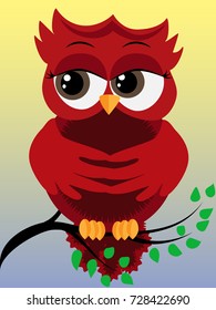 Cute beautiful red owl on a branch in spring