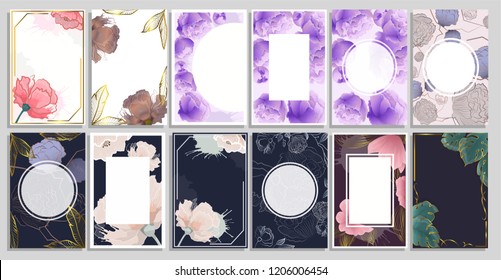 Cute beautiful romantic postcard or invitation with floral element set. Flower on the greeting card with frame. Decoration and design for card. Isolated vector illustration