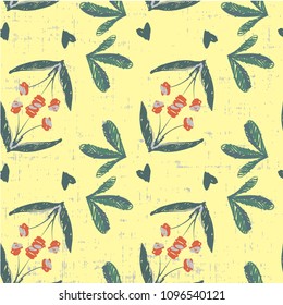 Cute beautiful seamless floral pattern on grunge background hand drawn in vector childish kid style illustration in tender colors.