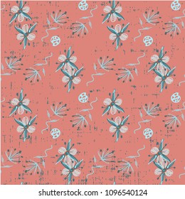Cute beautiful seamless floral pattern on grunge background hand drawn in vector childish kid style illustration in tender colors.