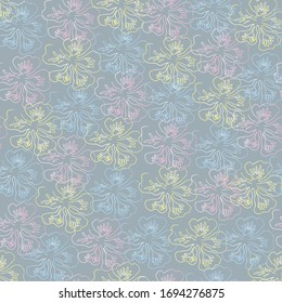 Cute, beautiful seamless gray background with doodle flowers. Pink, yellow, blue flowers with gradients. Fabric for curtains, tablecloths, plaid, wallpaper, postcards. Background for notebooks. Vector