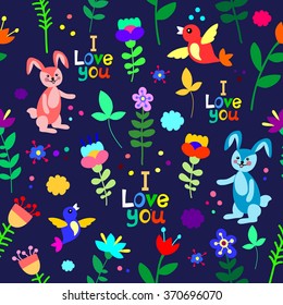 Cute beautiful seamless pattern with bunnies, birds and flowers. Background, textile, texture