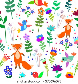 Cute beautiful seamless pattern with fox, birds and flowers. Background, textile, texture