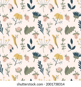 Cute, beautiful seamless pattern with medicinal plants in pastel colors. Can be used for packaging design of herbal tea. Hand-drawn. Vector illustration