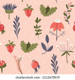 Lindo y hermoso patrón sin costuras con plantas y flores. Se puede usar para el diseño de envases de té de hierbas. Obtenido a mano. Ilustración del vector