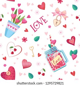 Cute beautiful seamless pattern of romantic atmosphere things. Decorative vector illustration texture on white background