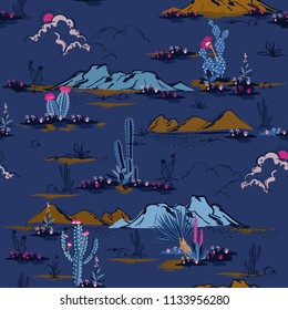 Cute and beautiful Seamless pattern vector summer cactus on desert mix with beautiful blooming succulents flower for fashion fabric and all prints on dark blue background.