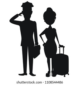 Cute, beautiful silhouette pilot with a bag, a case, holds his hand honored, air. A stewardess with suitcase. Modern vector image design isolated on white background bon voyage