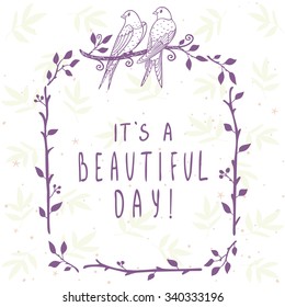 Cute and beautiful silhouette two swallow sitting on a frame branch with sample text