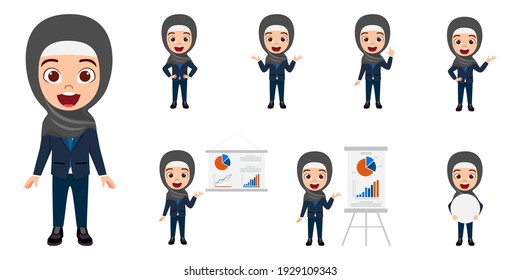 Cute beautiful smart Arab Muslim kid businesswoman character doing different action with presentation board and blank board