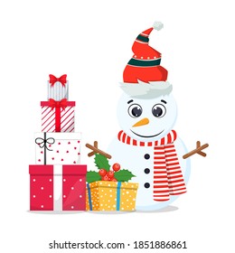 Cute beautiful snowman with gift boxes with cheerful expression celebrating merry charismas