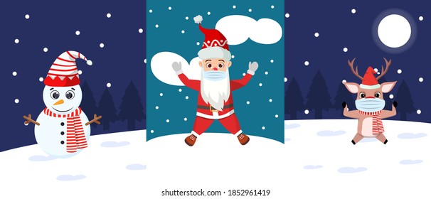 Cute beautiful snowman and Santa Claus and reindeer with cheerful expression celebrating merry charismas on a beautiful background