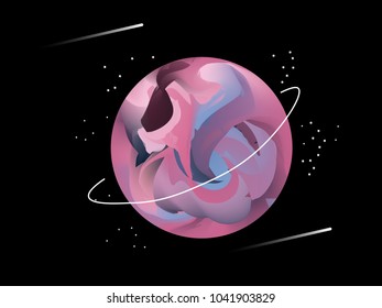 Cute and Beautiful Solar Planet Space Galaxy Science Saturn in Pink, Blue, Violet with Star for Kids, Girls, Boys. Abstract Fluid Cartoon Graphic Background Design Vector Illustration.