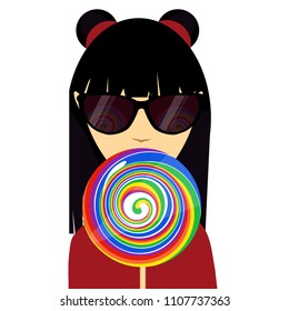 Cute, beautiful stylish girl with black long hair, and two droves. The girl in the glasses licks a rainbow-colored lollipop the inscription LGBT.  Modern vector flat design image isolated on white