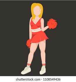 Cute, beautiful stylish girl cheerleader, in a red skirt, with pompons, girl without face, in white socks, sneakers. Modern vector image design isolated on black background
