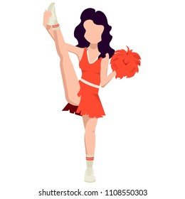 Cute, beautiful stylish girl cheerleader, in red skirt,  with pompons, girl without face, in white socks, sneakers. Modern vector image design isolated on white background