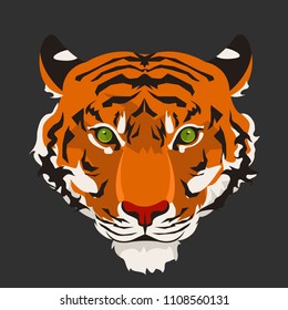 Cute, beautiful stylish wild, angry tiger head with green eyes. Wild animal is dangerous. Prints on a T-shirt. Modern vector illustration isolated on black background