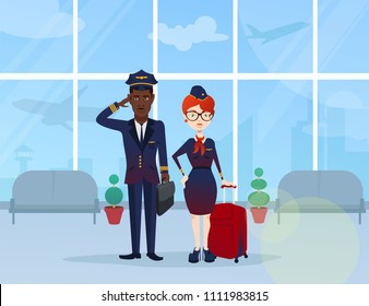 Cute, beautiful, stylish, young pilot and flight attendant with a red suitcase at the airport, airplanes, departure, flight, airport.  Modern vector flat design image illustration