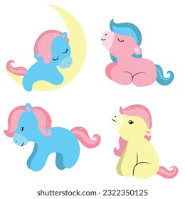 Cute beautiful sugar unicorn pony fairy horse. Flat drawing for kids