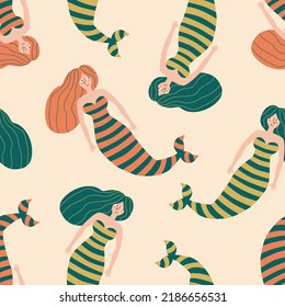 Cute beautiful swimming mermaids hand drawn vector illustration. Colorful mythical sea nymphs seamless pattern for kids fabric or wallpaper.