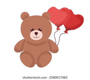 Cute of a beautiful teddy bear with baloons. Kids plush favorite cuddly toy. Vector illustration