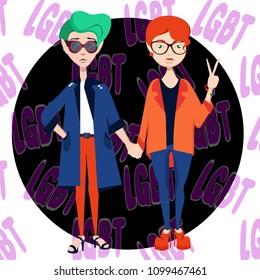 Cute, beautiful two stylish with short haircut lesbian girls hold each other hands, one of them shows peace. LGBT, same-sex marriage. Modern vector flat design image isolated on white background. 