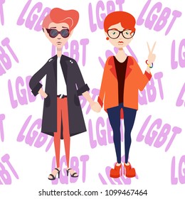 Cute, beautiful two stylish with short haircut lesbian girls hold each other hands, one of them shows peace. LGBT, same-sex marriage. Modern vector flat design image isolated on white background. 