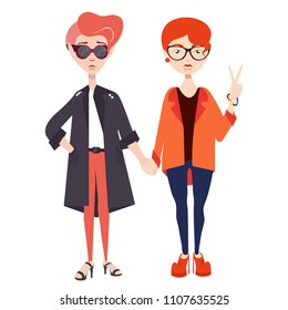 Cute, beautiful two stylish with short haircut lesbian girls hold each other hands, one of them shows peace. LGBT, same-sex marriage. Modern vector flat design image isolated on white background.
