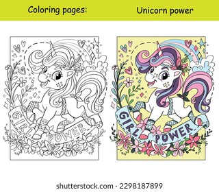 Cute beautiful unicorn girl with flowers with lettering girl power. Cartoon vector illustration. Kids coloring book page with color template. For coloring, education, print, game, decor, puzzle,design