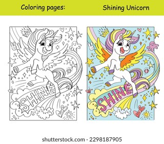Cute beautiful unicorn girl with wings and lettering shine. Cartoon vector illustration. Kids coloring book page with color template. For coloring, education, print, game, decor, puzzle, design