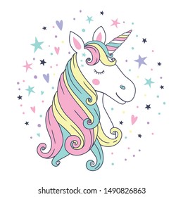 Cute beautiful unicorn head. Vector illustration.