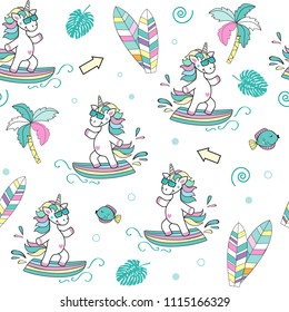 Cute beautiful unicorn on surfboard seamless pattern