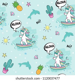 Cute beautiful unicorn on surfboard on a blue background seamless pattern