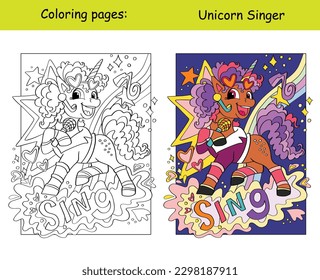 Cute beautiful unicorn pop star singer with lettering sing. Cartoon vector illustration. Kids coloring book page with color template. For coloring, education, print, game, decor, puzzle,design