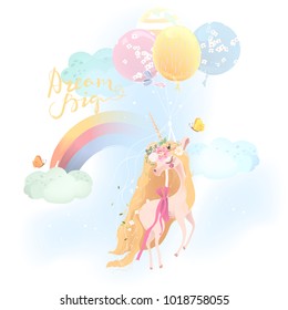 Cute, beautiful unicorn. Princess, flying girl unicorn in floral, flowers wreath, bouquet, tied bow, balloons and raibow with clouds