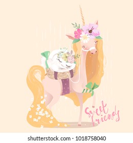 Cute, beautiful unicorn. Princess girl unicorn in floral, flowers wreath, bouquet, tied bow and basket with white bunny, rabbit