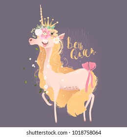 Cute, beautiful unicorn. Princess girl unicorn in crown, floral, flowers wreath and tied bow