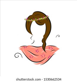 Cute and beautiful vector illustration of a female  Southeast Asian avatar wearing a colorful chunri dupatta with floral pattern and a flower tiara on her head